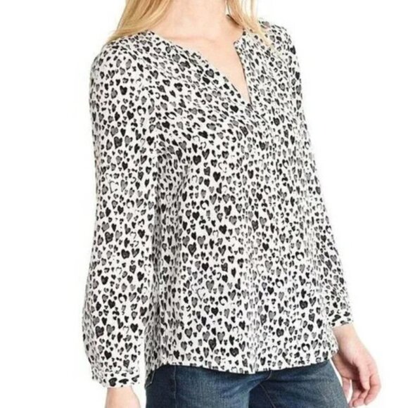 Joie Silk Blouse Womens White V Neck Long Sleeve Black Purine Hearts Long Sleeve - Picture 1 of 6